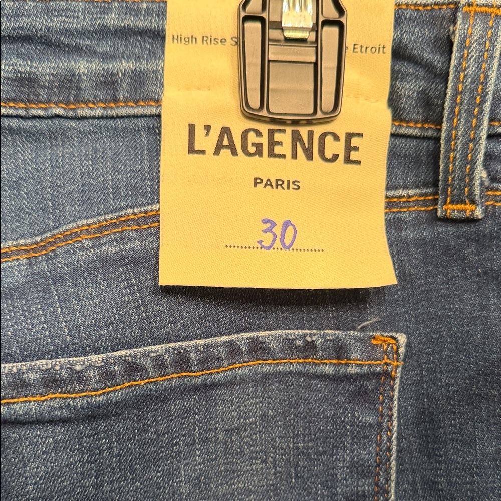 L'AGENCE Women’s Slim Straight Denim Jeans in Blue with Contrast Stitching ankle